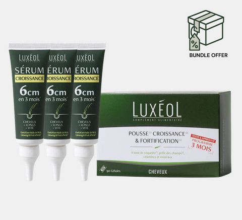 Luxéol matu augšanas seruma tūbiņas un iepakojums uz baltā fona