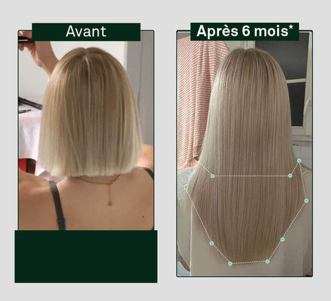 Pirms un pēc 3 mēnešiem – aizmugures skats, kas parāda garākus, blīvākus matus.