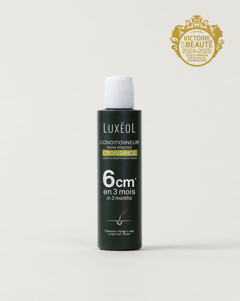 Luxéol matu kopšanas produkta pudele ar zīmolu uz gaiši pelēka fona