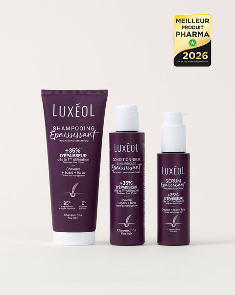 Luxéol matu kopšanas produkti, tostarp šampūns, kondicionieris un serums uz baltas fona ar 2026. gada balvas zīmi.