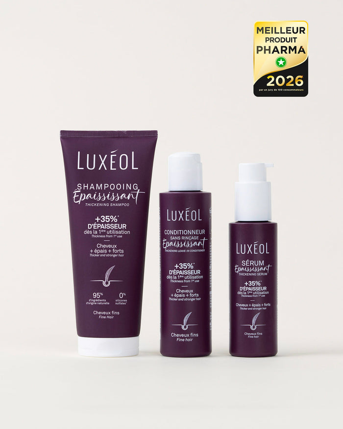 Luxéol matu kopšanas produkti, tostarp šampūns, kondicionieris un serums uz baltas fona ar 2026. gada balvas zīmi.